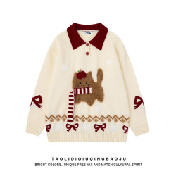 可愛圍巾小狗撞色翻領毛衣女秋冬穿搭聖誕紅色慵懶寬松軟糯針織衫