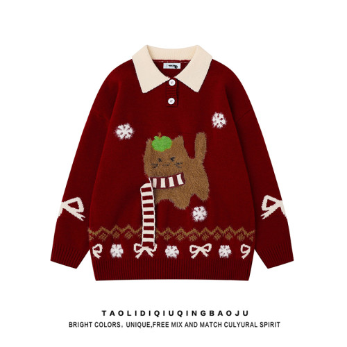 可愛圍巾小狗撞色翻領毛衣女秋冬穿搭聖誕紅色慵懶寬松軟糯針織衫 可愛圍巾小狗撞色翻領毛衣女秋冬穿搭聖誕紅色慵懶寬松軟糯針織衫