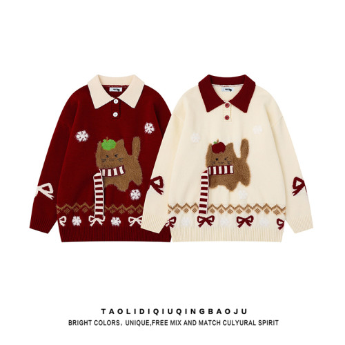 可愛圍巾小狗撞色翻領毛衣女秋冬穿搭聖誕紅色慵懶寬松軟糯針織衫 可愛圍巾小狗撞色翻領毛衣女秋冬穿搭聖誕紅色慵懶寬松軟糯針織衫