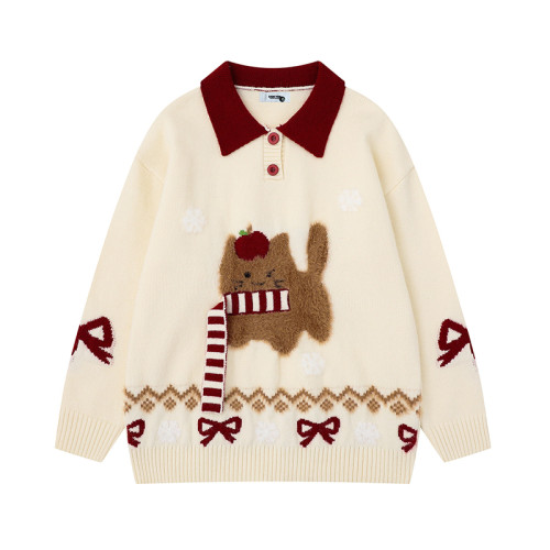 可愛圍巾小狗撞色翻領毛衣女秋冬穿搭聖誕紅色慵懶寬松軟糯針織衫 可愛圍巾小狗撞色翻領毛衣女秋冬穿搭聖誕紅色慵懶寬松軟糯針織衫