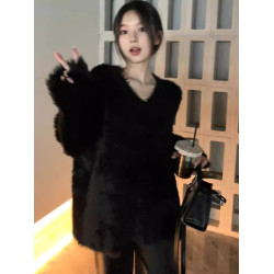 軟糯水貂絨黑色毛衣女秋冬高級感超好看V領寬松內搭打底上衣加厚