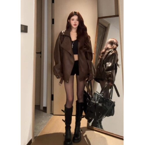 復古高級感PU皮衣外套女2025春秋季新款寬松棕色機車服夾克上衣潮 復古高級感PU皮衣外套女2025春秋季新款寬松棕色機車服夾克上衣潮