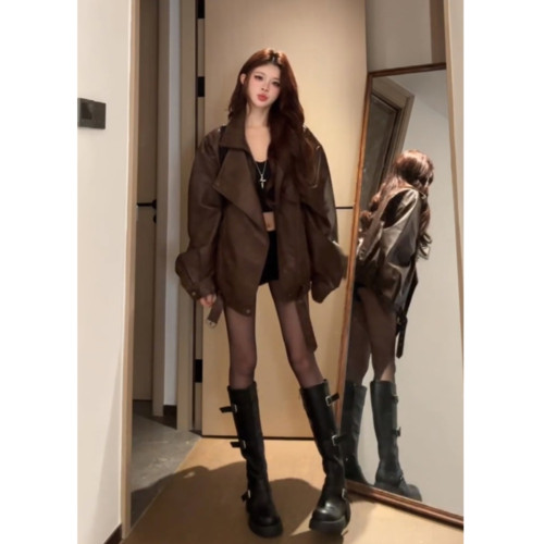 復古高級感PU皮衣外套女2025春秋季新款寬松棕色機車服夾克上衣潮 復古高級感PU皮衣外套女2025春秋季新款寬松棕色機車服夾克上衣潮