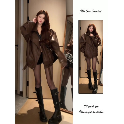 復古高級感PU皮衣外套女2025春秋季新款寬松棕色機車服夾克上衣潮 復古高級感PU皮衣外套女2025春秋季新款寬松棕色機車服夾克上衣潮