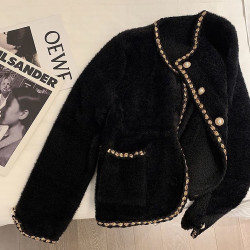 2023秋冬新款高級感水貂絨寬松氣質毛衣外套女短款小香風針織開衫