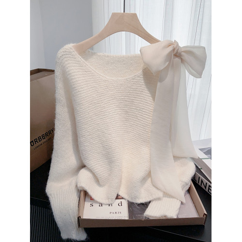 法式甜美蝴蝶結設計感蝙蝠袖毛衣秋冬新款軟糯寬鬆短款漂亮上衣女