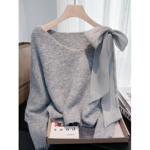 法式甜美蝴蝶結設計感蝙蝠袖毛衣秋冬新款軟糯寬鬆短款漂亮上衣女