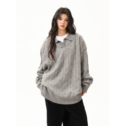 復古老錢風絞花POLO領毛衣女男秋季寬松慵懶松弛感翻領針織衫外套