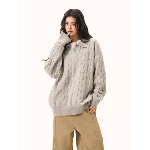 復古老錢風絞花POLO領毛衣女男秋季寬松慵懶松弛感翻領針織衫外套 復古老錢風絞花POLO領毛衣女男秋季寬松慵懶松弛感翻領針織衫外套