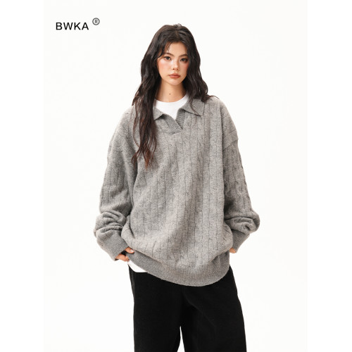 復古老錢風絞花POLO領毛衣女男秋季寬松慵懶松弛感翻領針織衫外套 復古老錢風絞花POLO領毛衣女男秋季寬松慵懶松弛感翻領針織衫外套