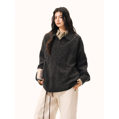 復古老錢風絞花POLO領毛衣女男秋季寬松慵懶松弛感翻領針織衫外套 復古老錢風絞花POLO領毛衣女男秋季寬松慵懶松弛感翻領針織衫外套