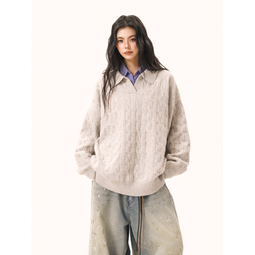 復古老錢風絞花POLO領毛衣女男秋季寬松慵懶松弛感翻領針織衫外套 復古老錢風絞花POLO領毛衣女男秋季寬松慵懶松弛感翻領針織衫外套