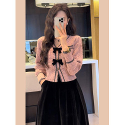 小個子香風粉色蝴蝶結毛衣女2025新款秋冬慵懶高級感法式短款開衫