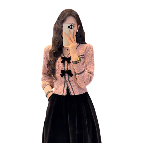 小個子香風粉色蝴蝶結毛衣女2025新款秋冬慵懶高級感法式短款開衫 小個子香風粉色蝴蝶結毛衣女2025新款秋冬慵懶高級感法式短款開衫