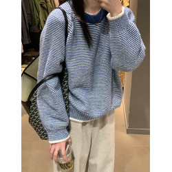 韓系復古撞色條紋浣熊絨毛衣女秋冬慵懶風軟糯套頭針織衫加厚上衣