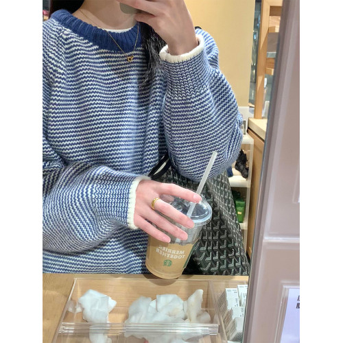 韓系復古撞色條紋浣熊絨毛衣女秋冬慵懶風軟糯套頭針織衫加厚上衣