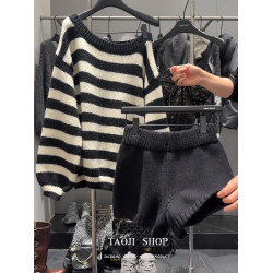 美式條紋露肩斜領針織衫毛衣女2025冬季新款慵懶寬松百搭套頭上衣