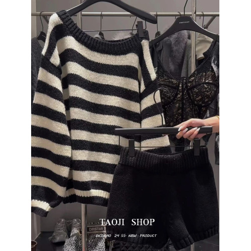 美式條紋露肩斜領針織衫毛衣女2025冬季新款慵懶寬松百搭套頭上衣 美式條紋露肩斜領針織衫毛衣女2025冬季新款慵懶寬松百搭套頭上衣