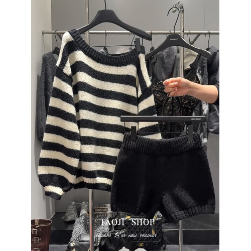 美式條紋露肩斜領針織衫毛衣女2025冬季新款慵懶寬松百搭套頭上衣 美式條紋露肩斜領針織衫毛衣女2025冬季新款慵懶寬松百搭套頭上衣