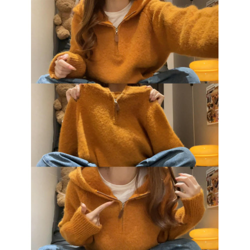 連帽毛衣軟糯半拉鍊2025秋冬新款慵懶寬松休閒針織衫外穿上衣外套 連帽毛衣軟糯半拉鍊2025秋冬新款慵懶寬松休閒針織衫外穿上衣外套