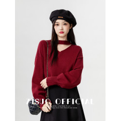 2026春秋季新款本命年紅色毛衣女顯瘦鏤空掛脖針織打底衫長袖上衣