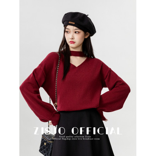 2026春秋季新款本命年紅色毛衣女顯瘦鏤空掛脖針織打底衫長袖上衣