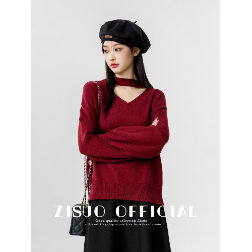 2026春秋季新款本命年紅色毛衣女顯瘦鏤空掛脖針織打底衫長袖上衣