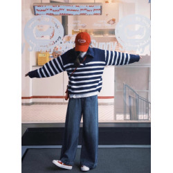 法式翻領條紋長袖毛衣女2025秋季寬松慵懶風套頭半拉鍊針織衫上衣