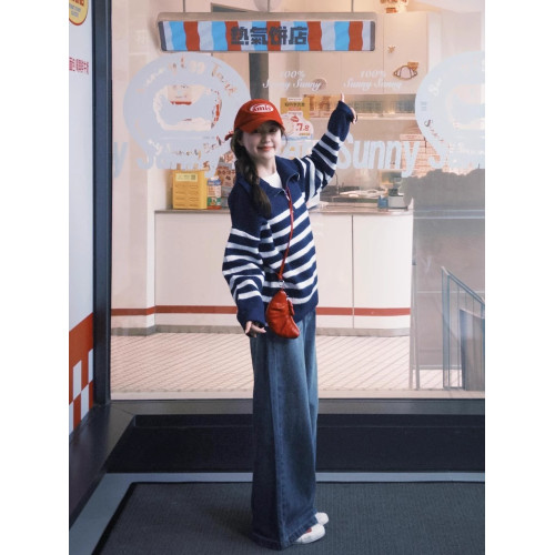 法式翻領條紋長袖毛衣女2025秋季寬松慵懶風套頭半拉鍊針織衫上衣 法式翻領條紋長袖毛衣女2025秋季寬松慵懶風套頭半拉鍊針織衫上衣