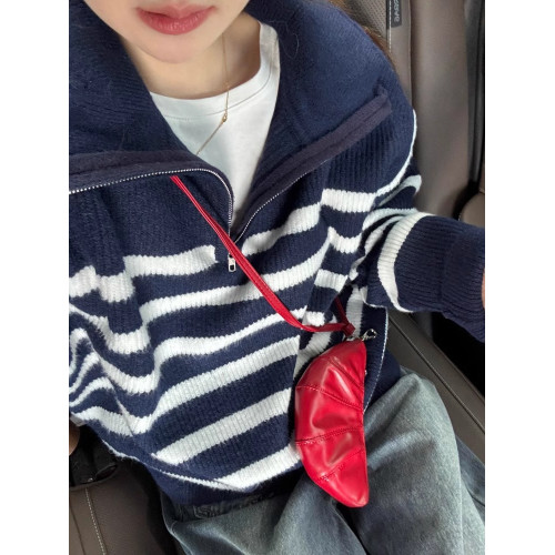 法式翻領條紋長袖毛衣女2025秋季寬松慵懶風套頭半拉鍊針織衫上衣 法式翻領條紋長袖毛衣女2025秋季寬松慵懶風套頭半拉鍊針織衫上衣
