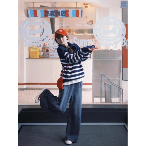 法式翻領條紋長袖毛衣女2025秋季寬松慵懶風套頭半拉鍊針織衫上衣 法式翻領條紋長袖毛衣女2025秋季寬松慵懶風套頭半拉鍊針織衫上衣