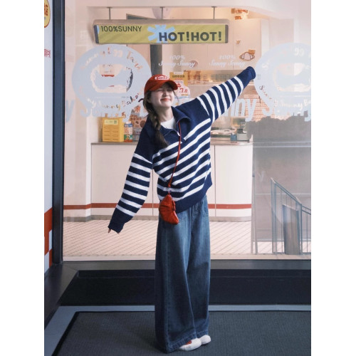 法式翻領條紋長袖毛衣女2025秋季寬松慵懶風套頭半拉鍊針織衫上衣 法式翻領條紋長袖毛衣女2025秋季寬松慵懶風套頭半拉鍊針織衫上衣