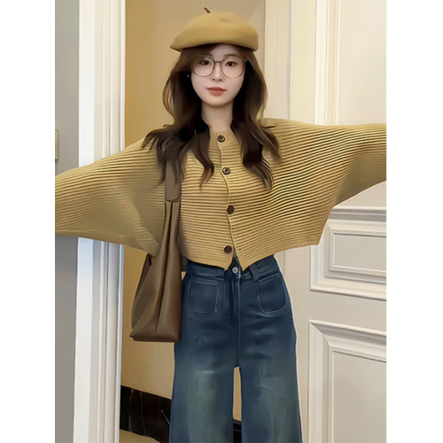 短款針織毛衣2025秋冬韓系寬鬆顯瘦高級感毛衣開衫外套上衣蝙蝠衫