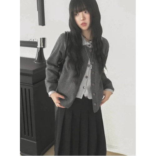 Up and on 韓系秋冬溫柔假兩件灰色寬鬆百搭開衫針織衫毛衣外套