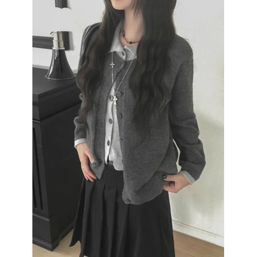 Up and on 韓系秋冬溫柔假兩件灰色寬鬆百搭開衫針織衫毛衣外套