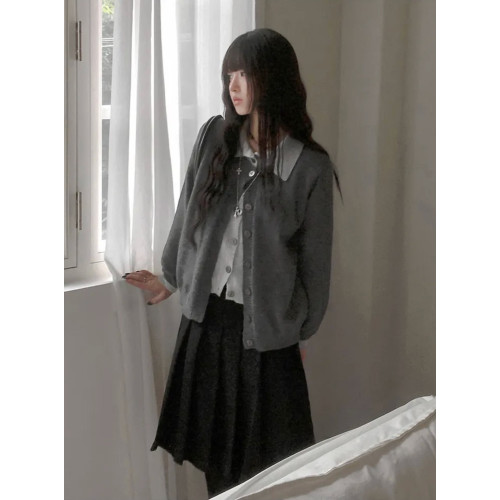 Up and on 韓系秋冬溫柔假兩件灰色寬鬆百搭開衫針織衫毛衣外套