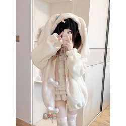 美式復古兔耳朵連帽外套女秋冬寬松高級感超好看加絨加厚開衫上衣