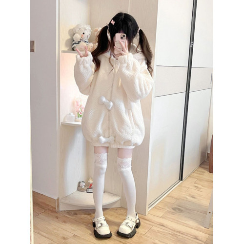 美式復古兔耳朵連帽外套女秋冬寬松高級感超好看加絨加厚開衫上衣