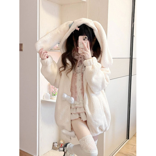 美式復古兔耳朵連帽外套女秋冬寬松高級感超好看加絨加厚開衫上衣