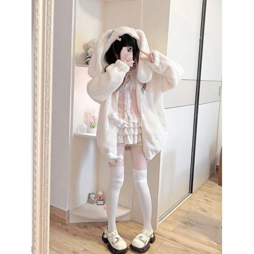 美式復古兔耳朵連帽外套女秋冬寬松高級感超好看加絨加厚開衫上衣