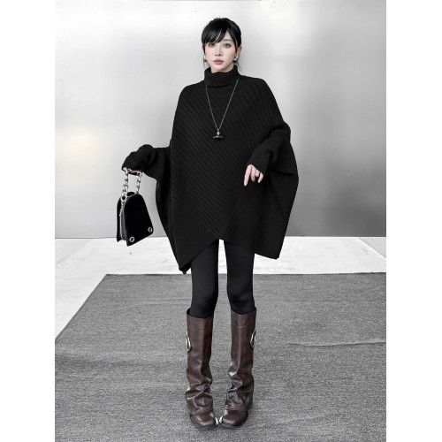 歐洲站小衆設計感慵嬾風高領蝙蝠袖毛衣女不規則鬭篷式寬鬆針織衫