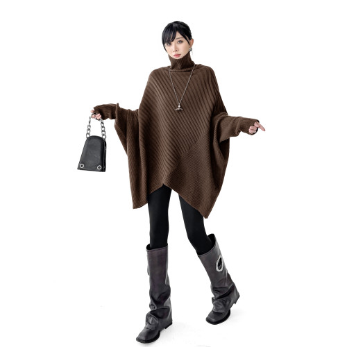 歐洲站小衆設計感慵嬾風高領蝙蝠袖毛衣女不規則鬭篷式寬鬆針織衫