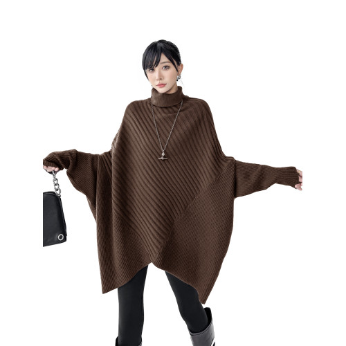 歐洲站小衆設計感慵嬾風高領蝙蝠袖毛衣女不規則鬭篷式寬鬆針織衫