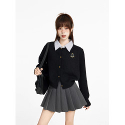 假兩件學院風黑色短款毛衣女秋冬季內搭設計感小衆外套針織衫開衫