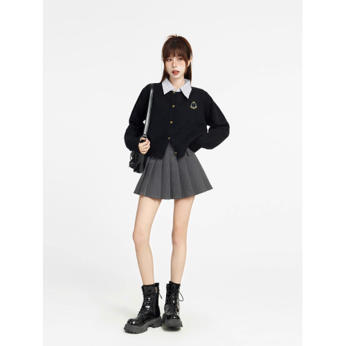 假兩件學院風黑色短款毛衣女秋冬季內搭設計感小衆外套針織衫開衫