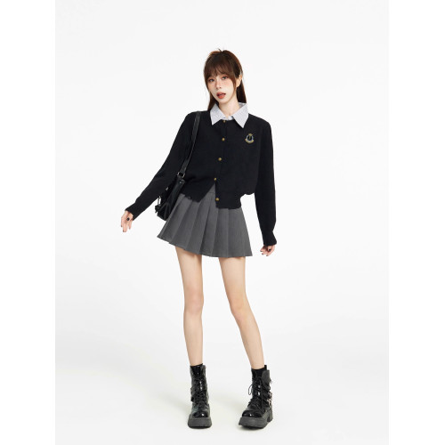 假兩件學院風黑色短款毛衣女秋冬季內搭設計感小衆外套針織衫開衫