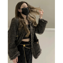 韓式chic小香風外套女秋冬季加厚灰色高級感氣質名媛歐貨夾克上衣