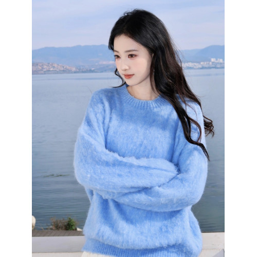 克萊因藍水貂絨套頭毛衣女冬季高級感超好看軟糯寬鬆慵嬾風針織衫