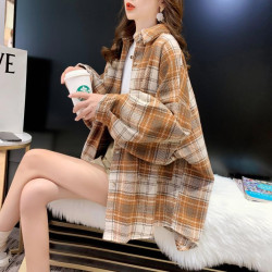 加厚磨毛格子襯衫女學生秋冬季新款長袖復古寬松大碼休閒毛呢外套