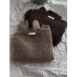 高級感棕色馬海毛圓領套頭毛衣女秋冬嬭fufu軟糯外穿內搭針織上衣